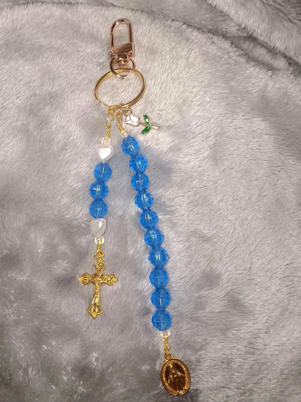 Blue Beaded Rosary Keychain with Gold Cross and Medal